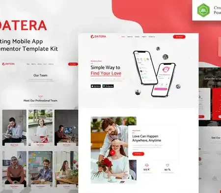 Datera – Online Dating Mobile App Landing Elementor Template Kit