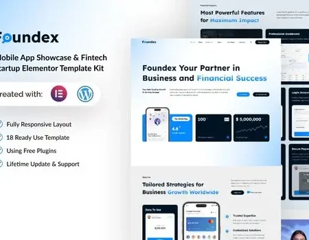 Foundex – Mobile App Showcase & Fintech Startup Elementor Template Kit